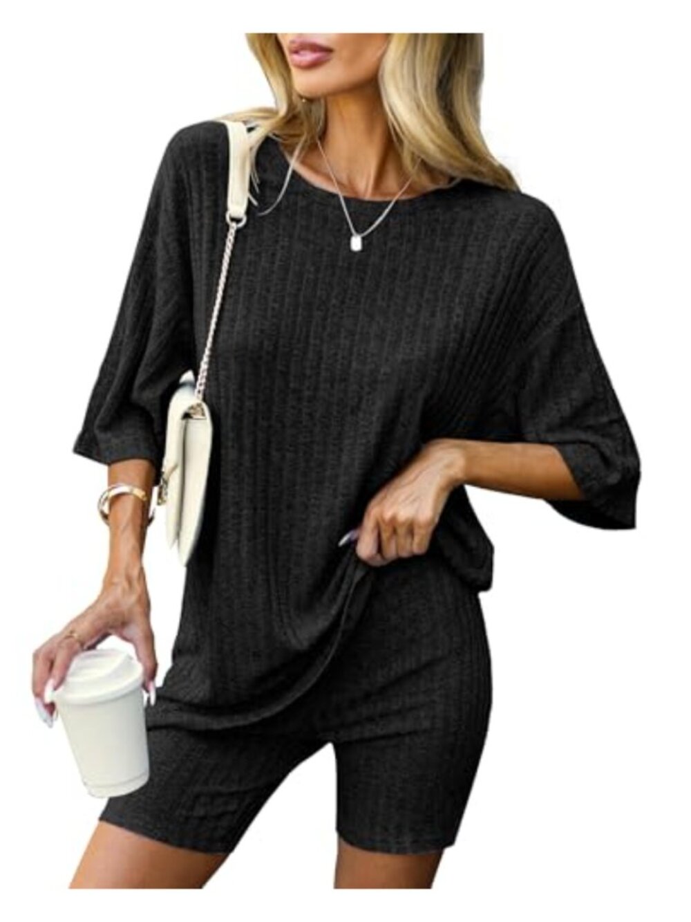 Ribbed Knit Lounge Set 2 Piece Tshirt and Biker Shorts Sleepwear Maternity